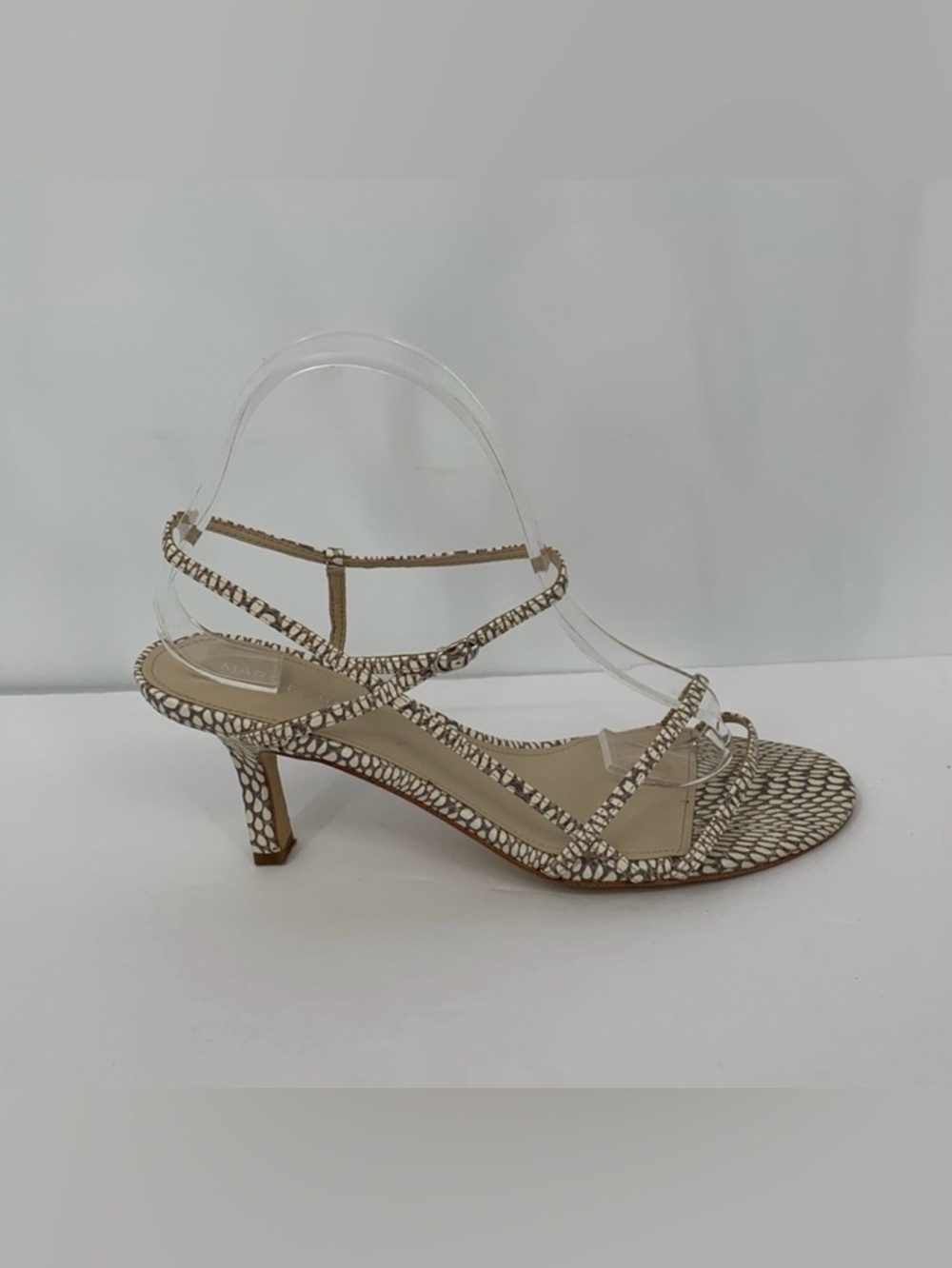 Marc Fisher Quinne strappy sandals shoe kitten heel snake spotted tan cream 9.5